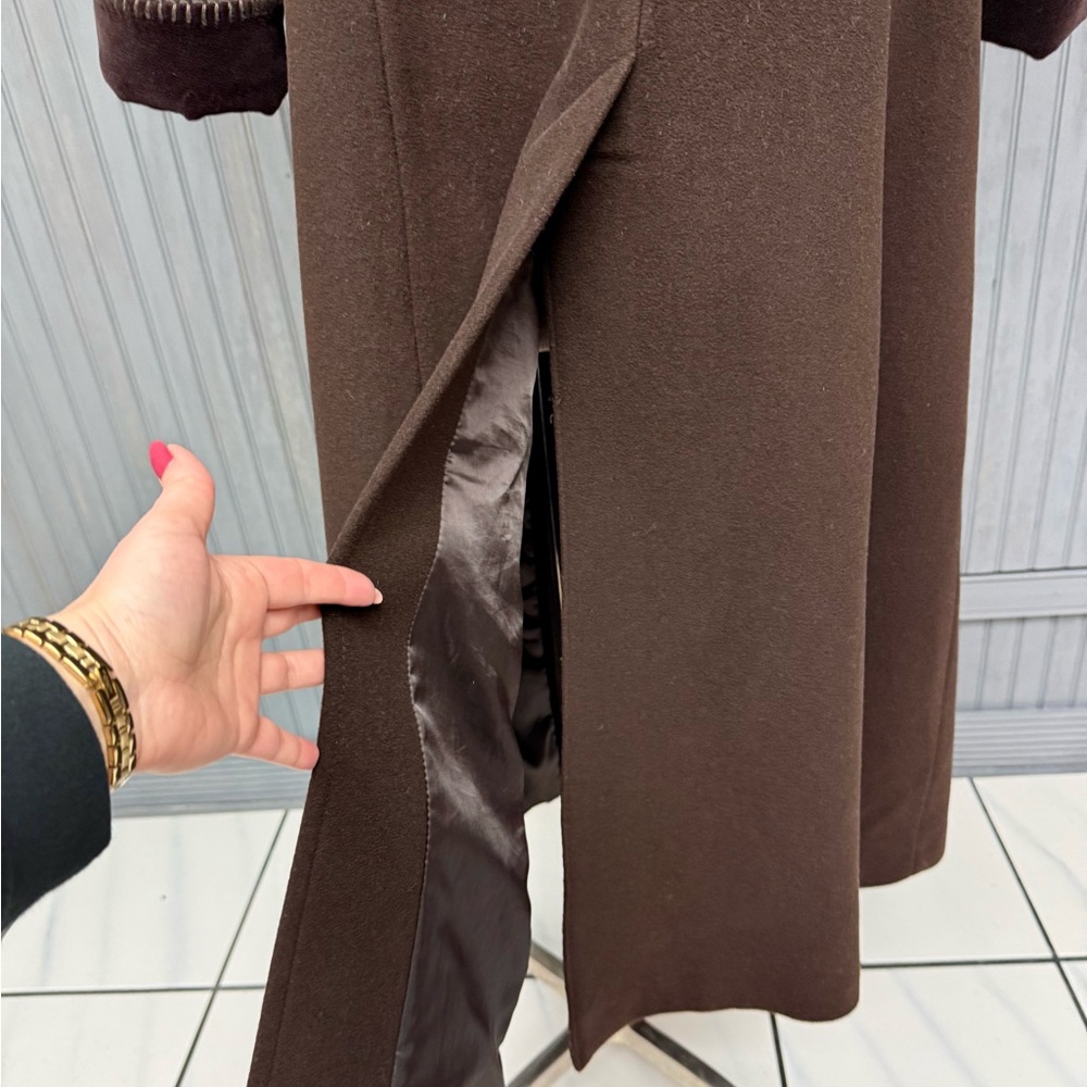 Vintage Albert Nipon Dark Brown Hooded Wool Long Winter Coat Velvet Trim Size 10 - Picture 9 of 11